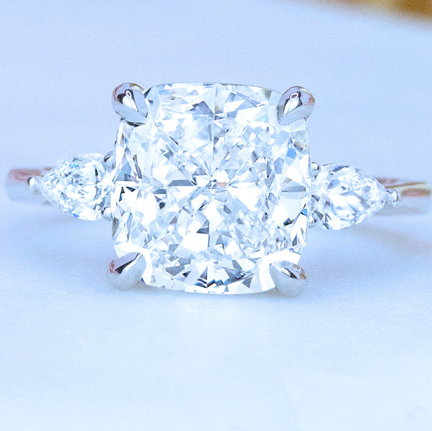 Three Stone Cushion Cut Diamond Engagement Ring With Pear Shape Side Stones - Australian Diamond Network